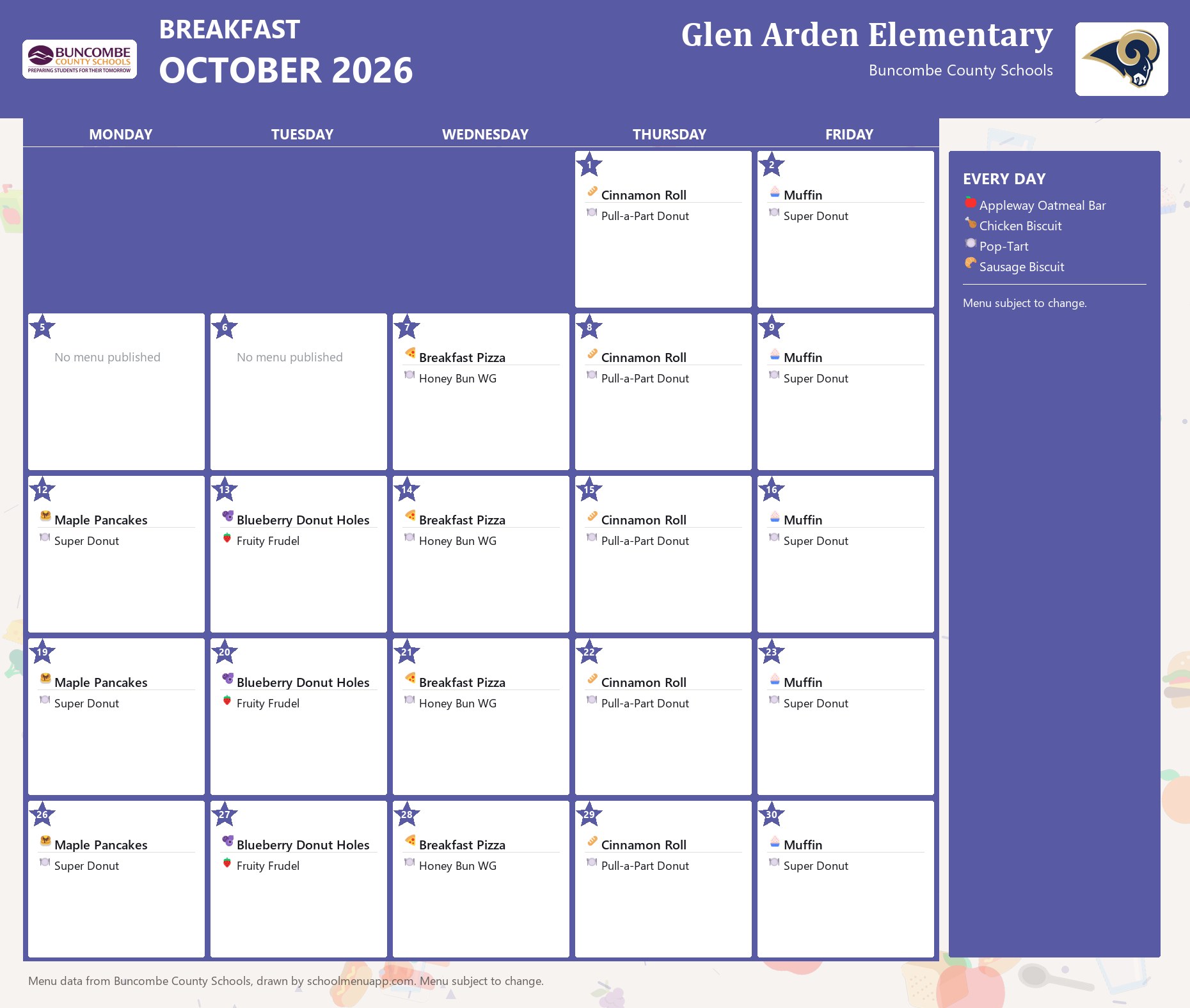 Glen Arden Elementary breakfast menu for October 2026 &mdash; Buncombe County Schools