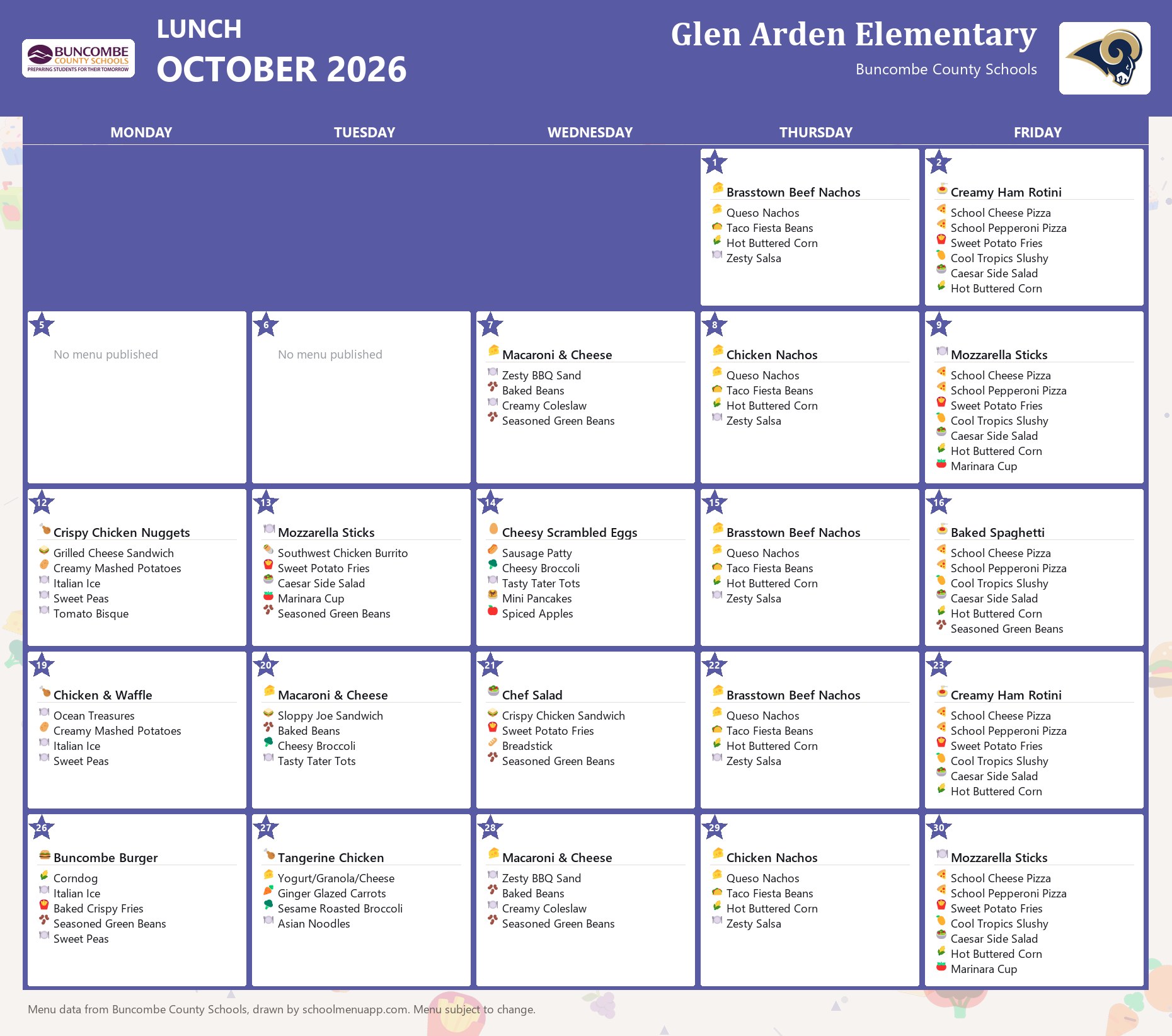 Glen Arden Elementary lunch menu for October 2026 &mdash; Buncombe County Schools
