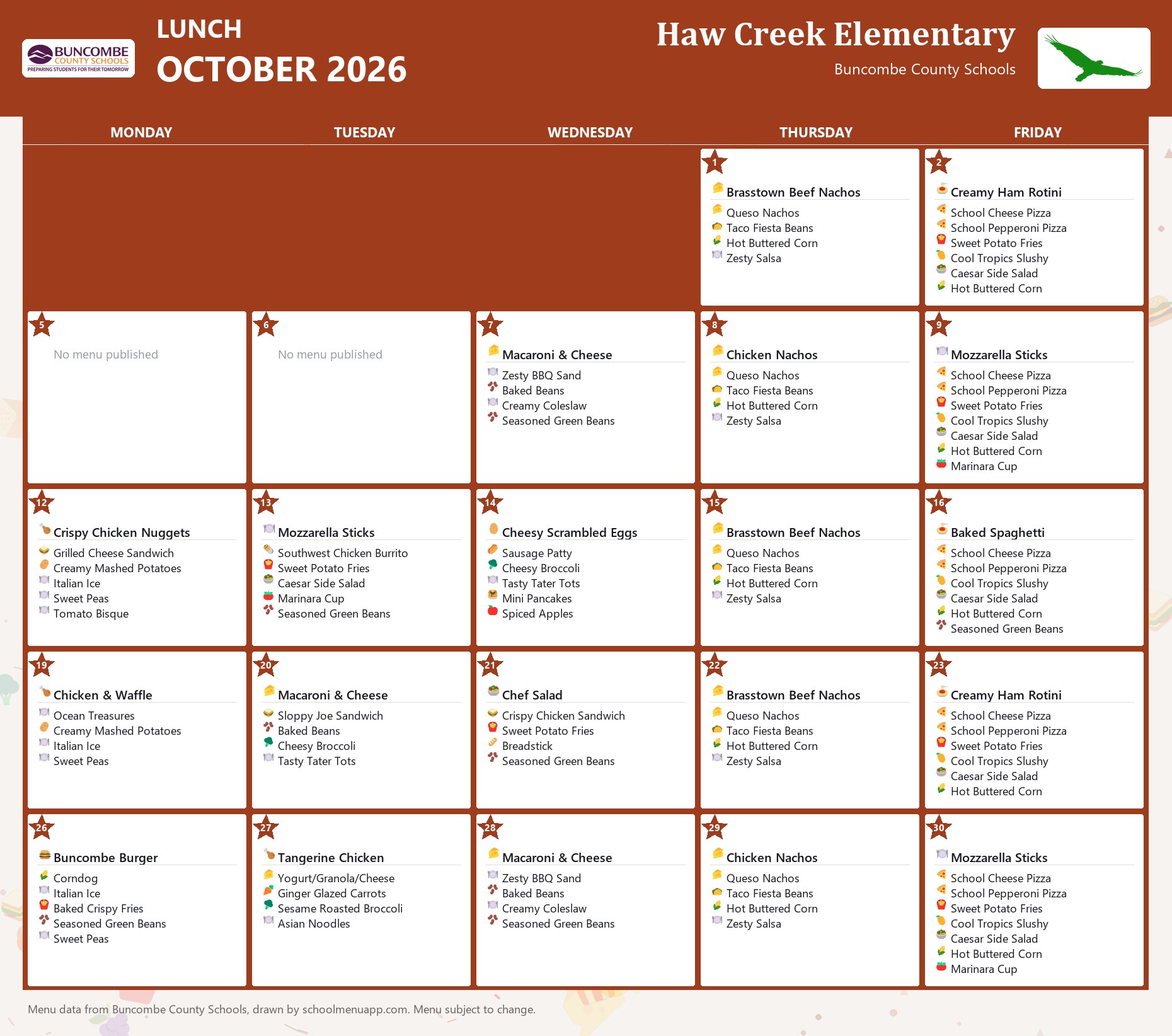 Haw Creek Elementary lunch menu for October 2026 &mdash; Buncombe County Schools