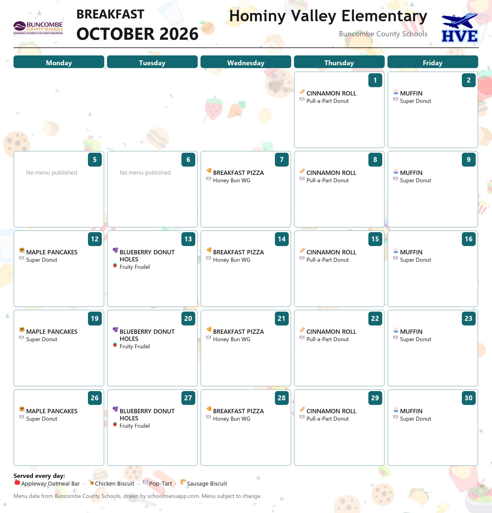 Hominy Valley Elementary breakfast menu for October 2026 &mdash; Buncombe County Schools