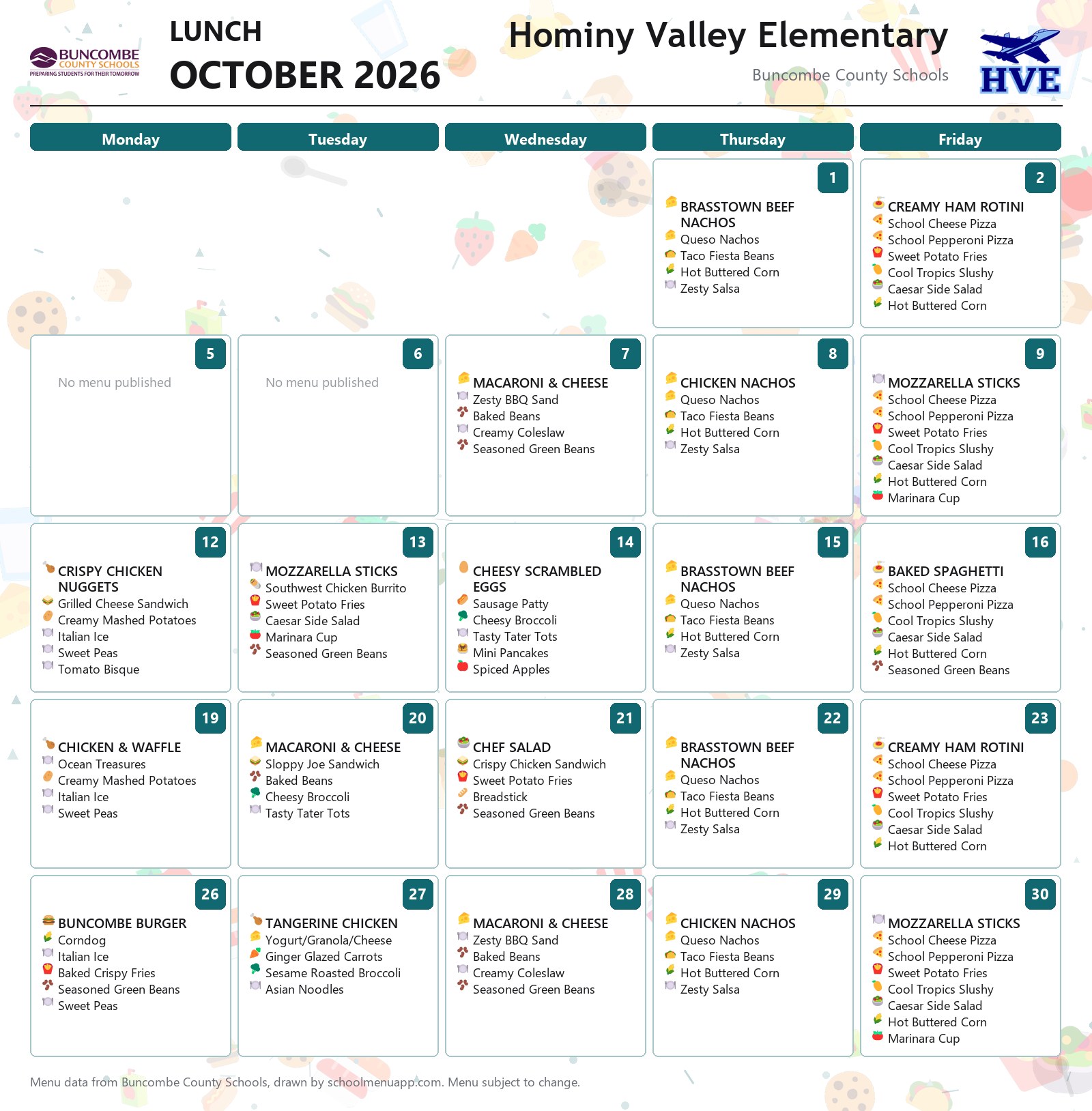 Hominy Valley Elementary lunch menu for October 2026 &mdash; Buncombe County Schools