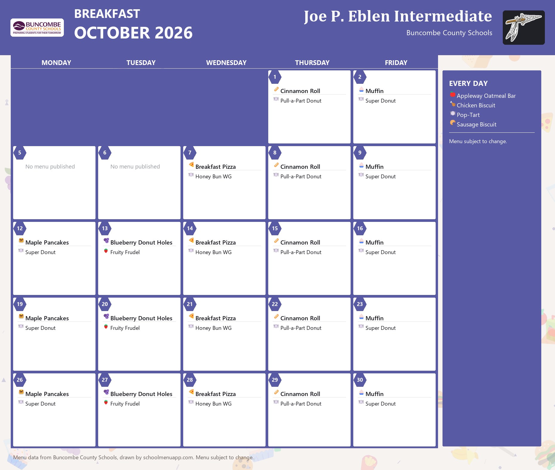 Joe P. Eblen Intermediate breakfast menu for October 2026 &mdash; Buncombe County Schools