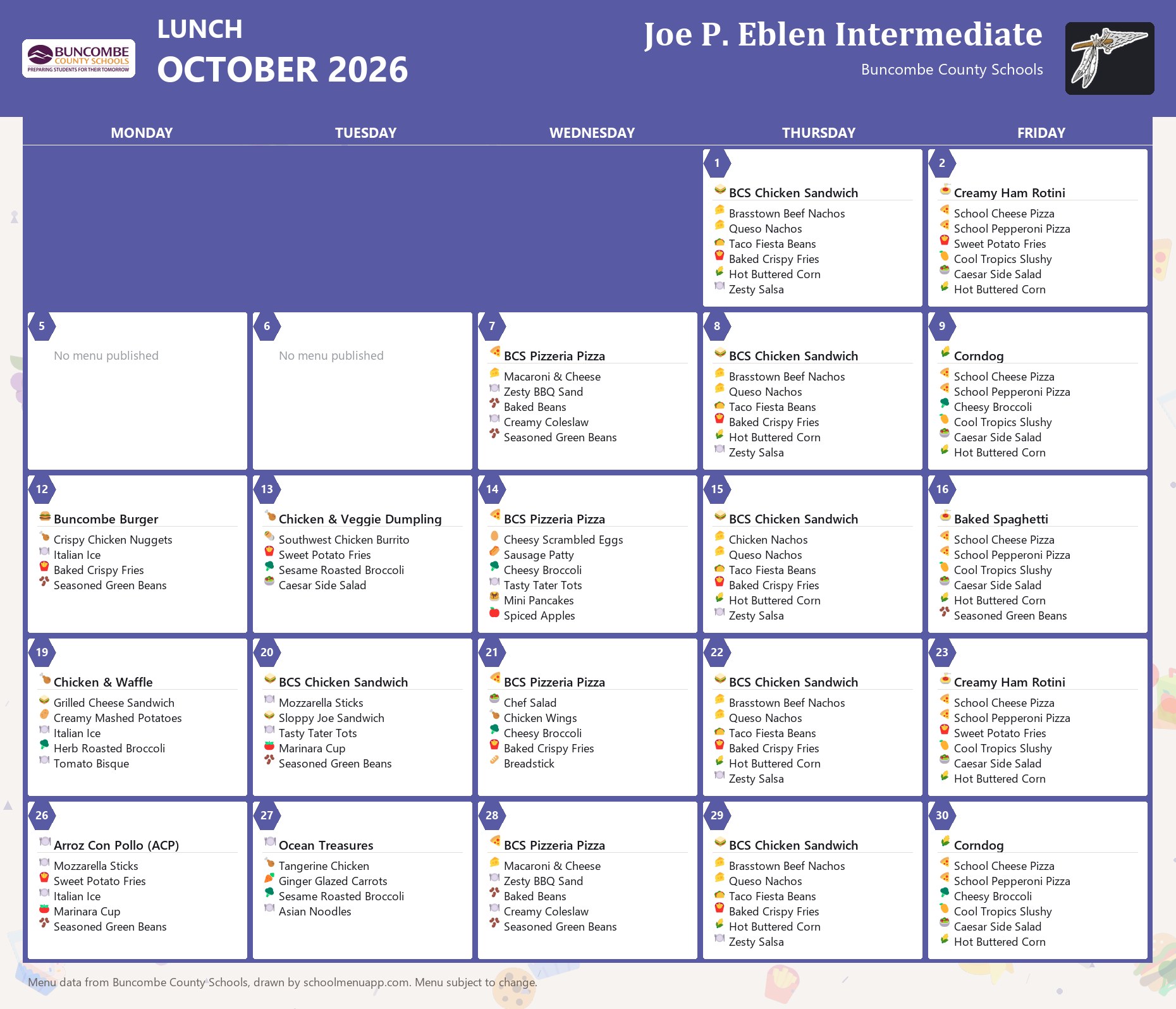 Joe P. Eblen Intermediate lunch menu for October 2026 &mdash; Buncombe County Schools