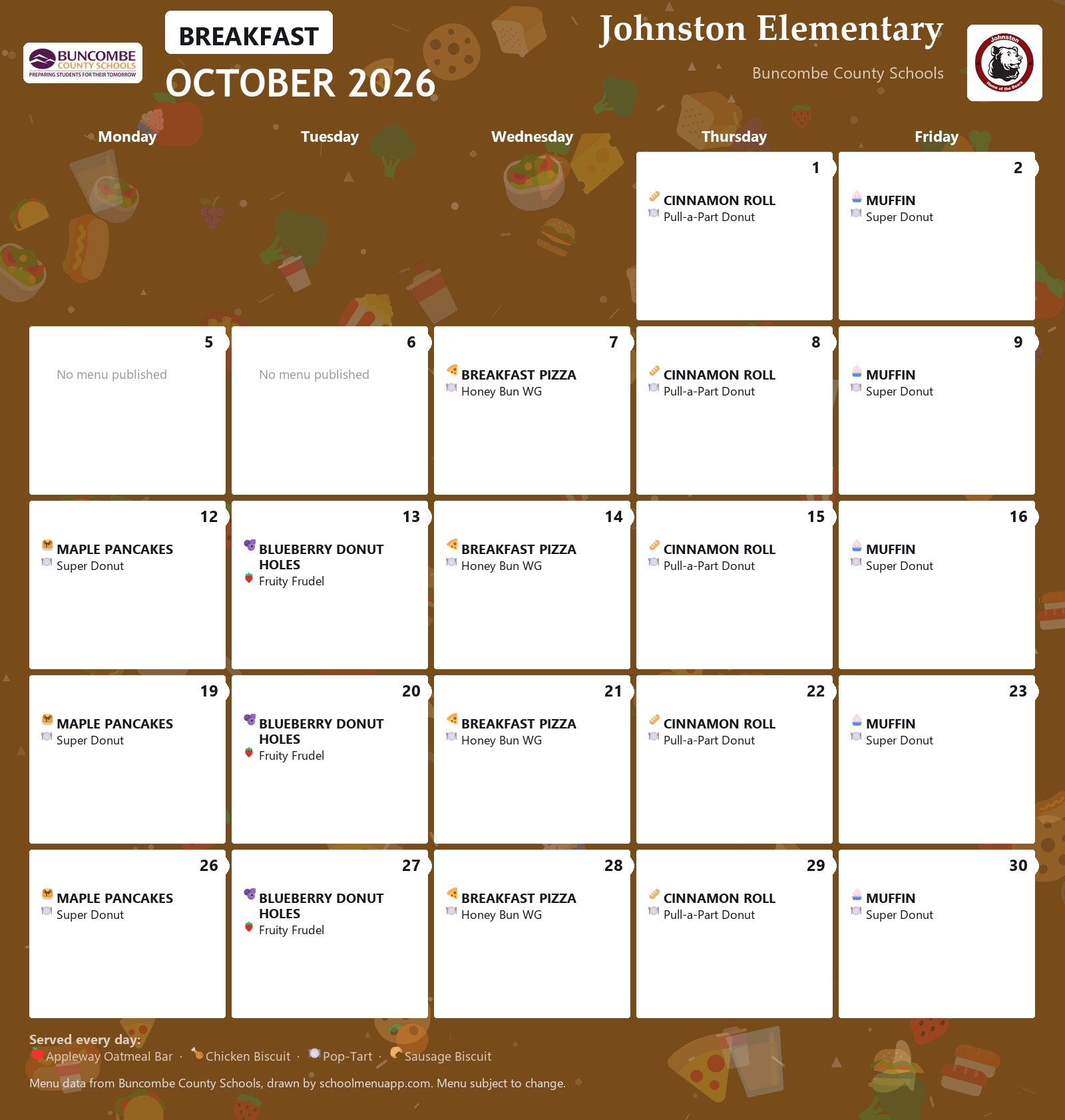 Johnston Elementary breakfast menu for October 2026 &mdash; Buncombe County Schools