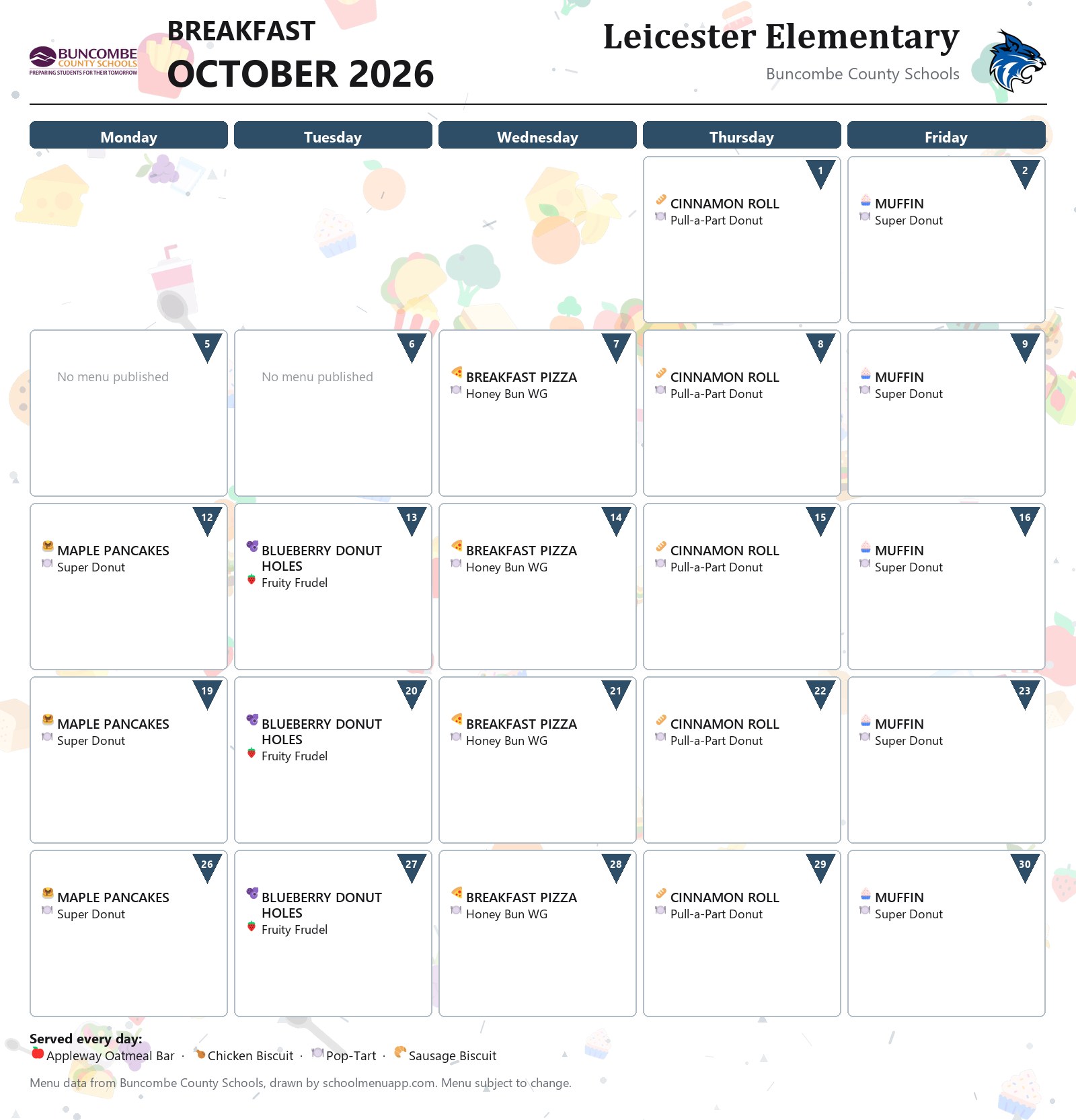 Leicester Elementary breakfast menu for October 2026 &mdash; Buncombe County Schools