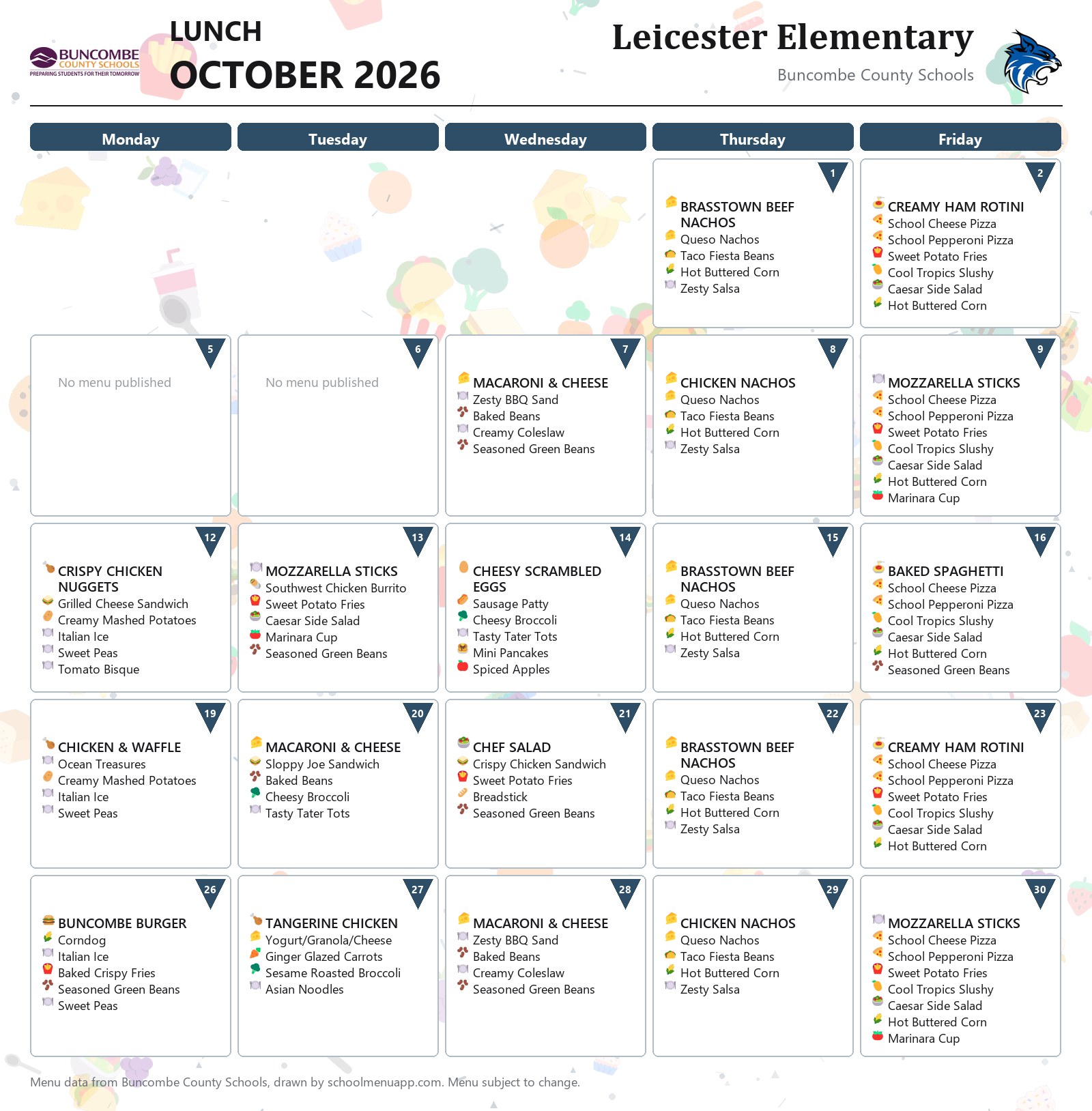Leicester Elementary lunch menu for October 2026 &mdash; Buncombe County Schools