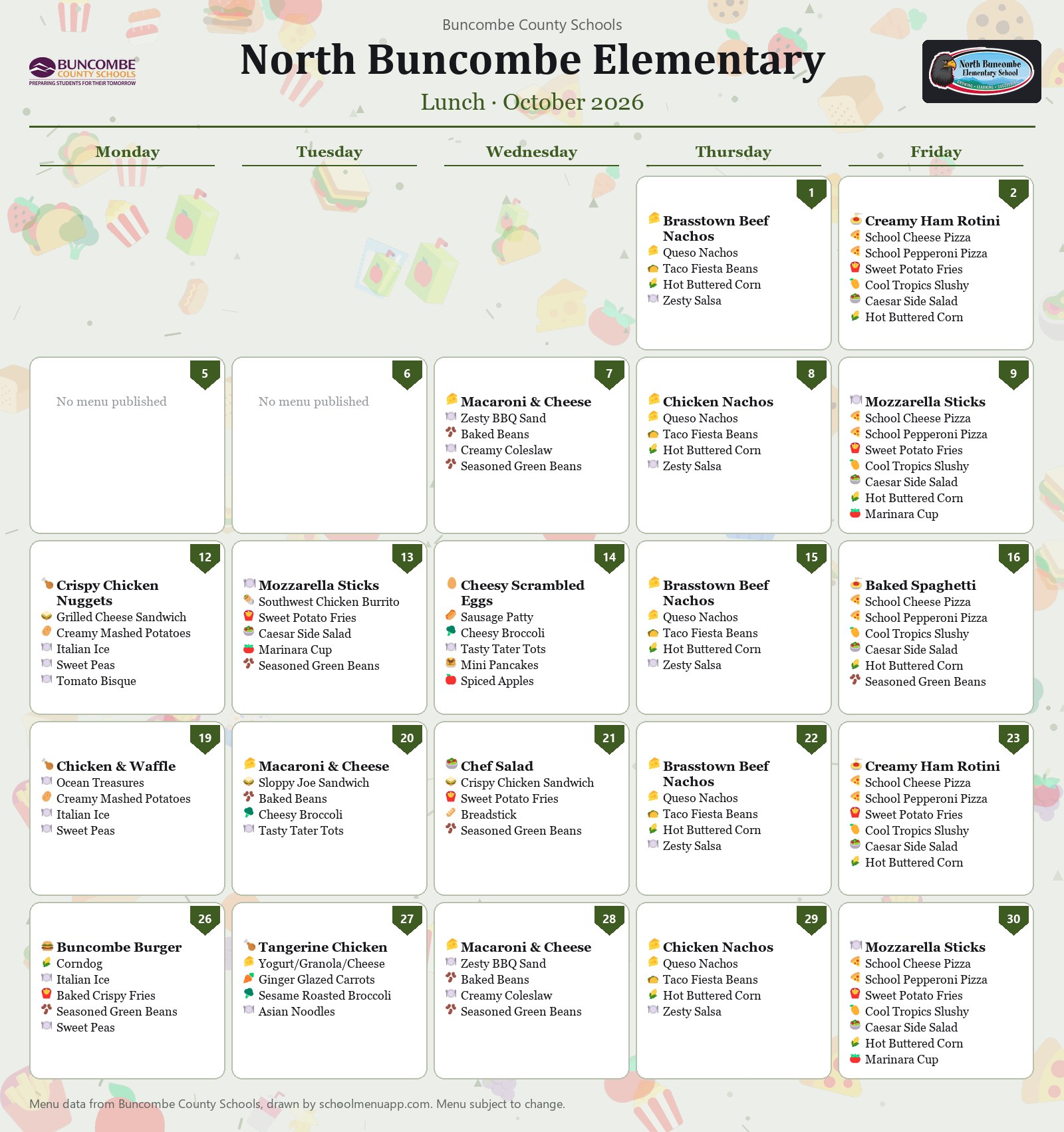 North Buncombe Elementary lunch menu for October 2026 &mdash; Buncombe County Schools