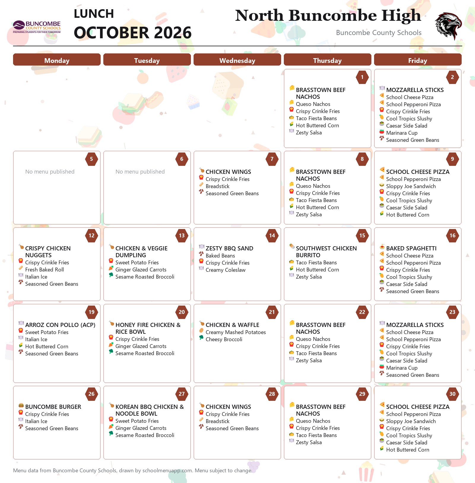 North Buncombe High lunch menu for October 2026 &mdash; Buncombe County Schools