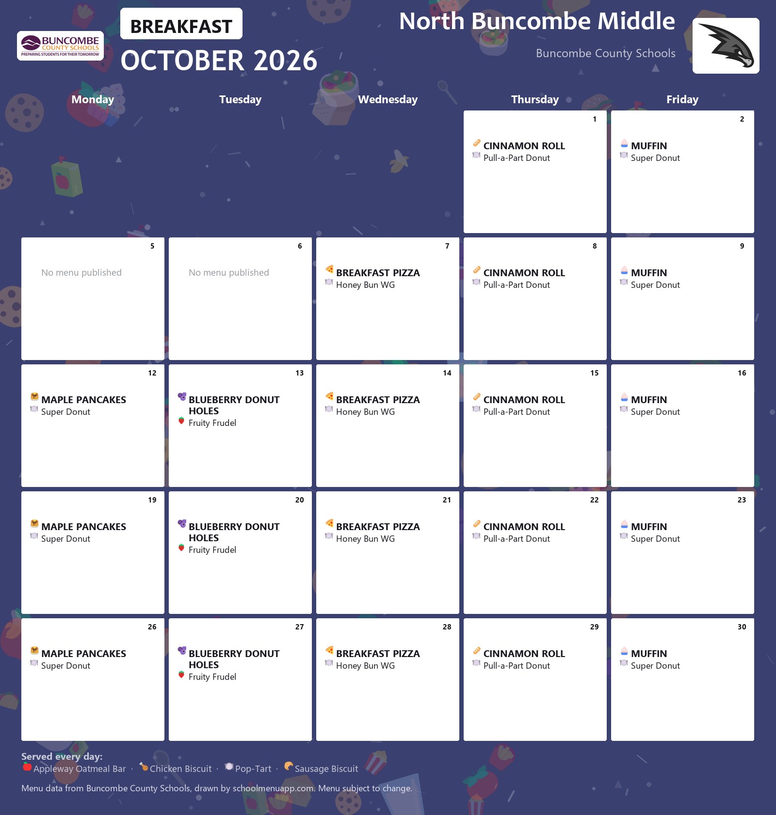 North Buncombe Middle breakfast menu for October 2026 &mdash; Buncombe County Schools