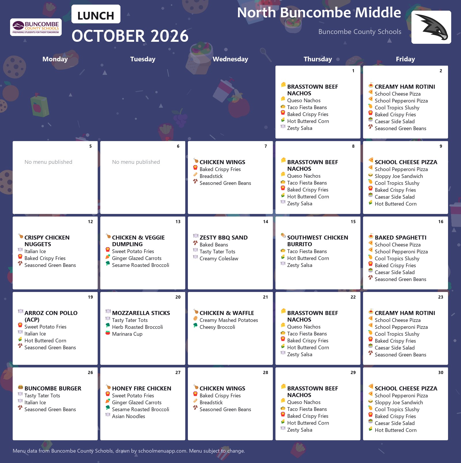 North Buncombe Middle lunch menu for October 2026 &mdash; Buncombe County Schools
