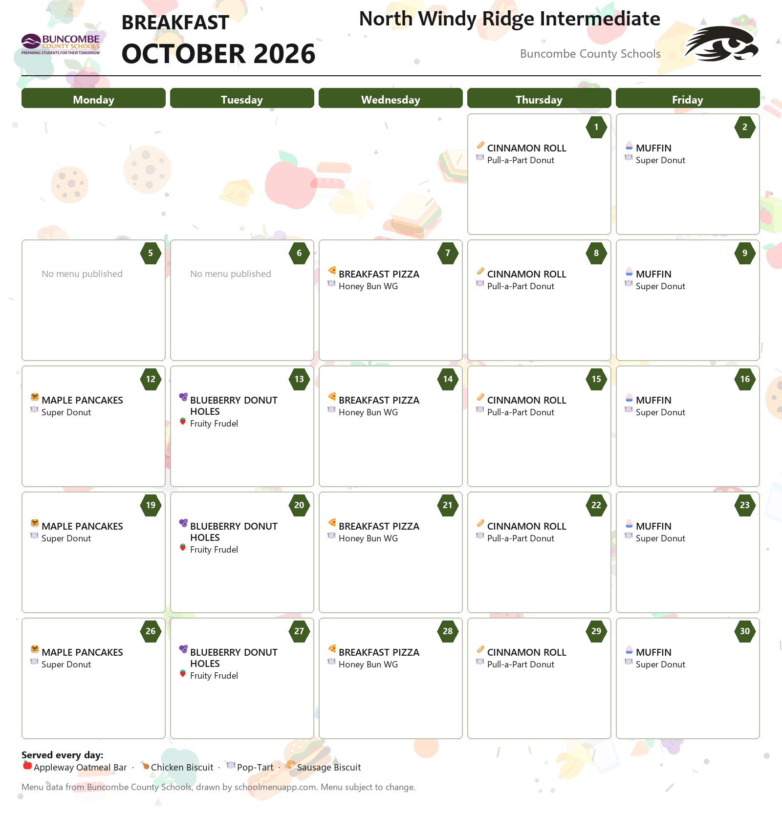North Windy Ridge Intermediate breakfast menu for October 2026 &mdash; Buncombe County Schools