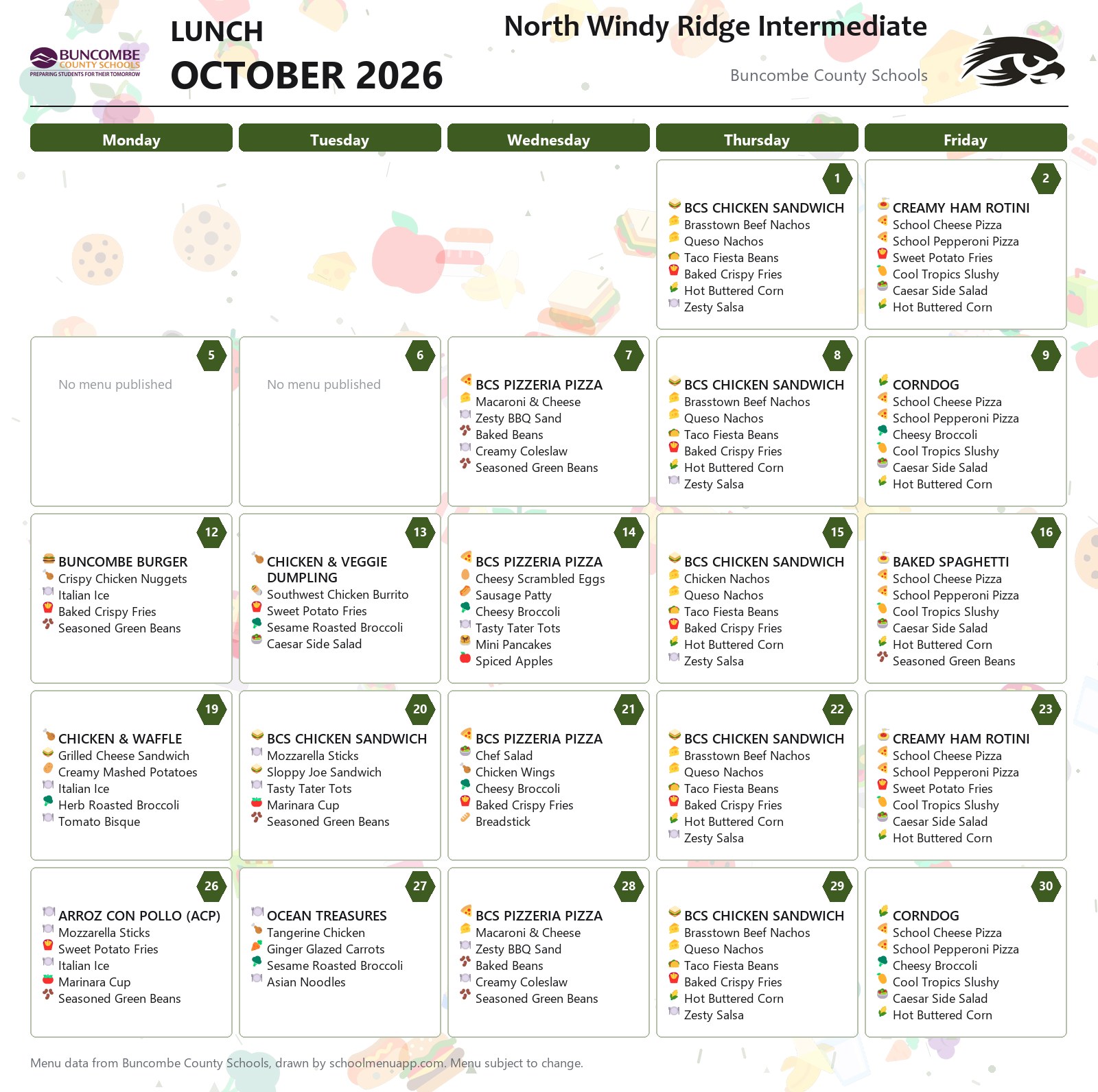 North Windy Ridge Intermediate lunch menu for October 2026 &mdash; Buncombe County Schools