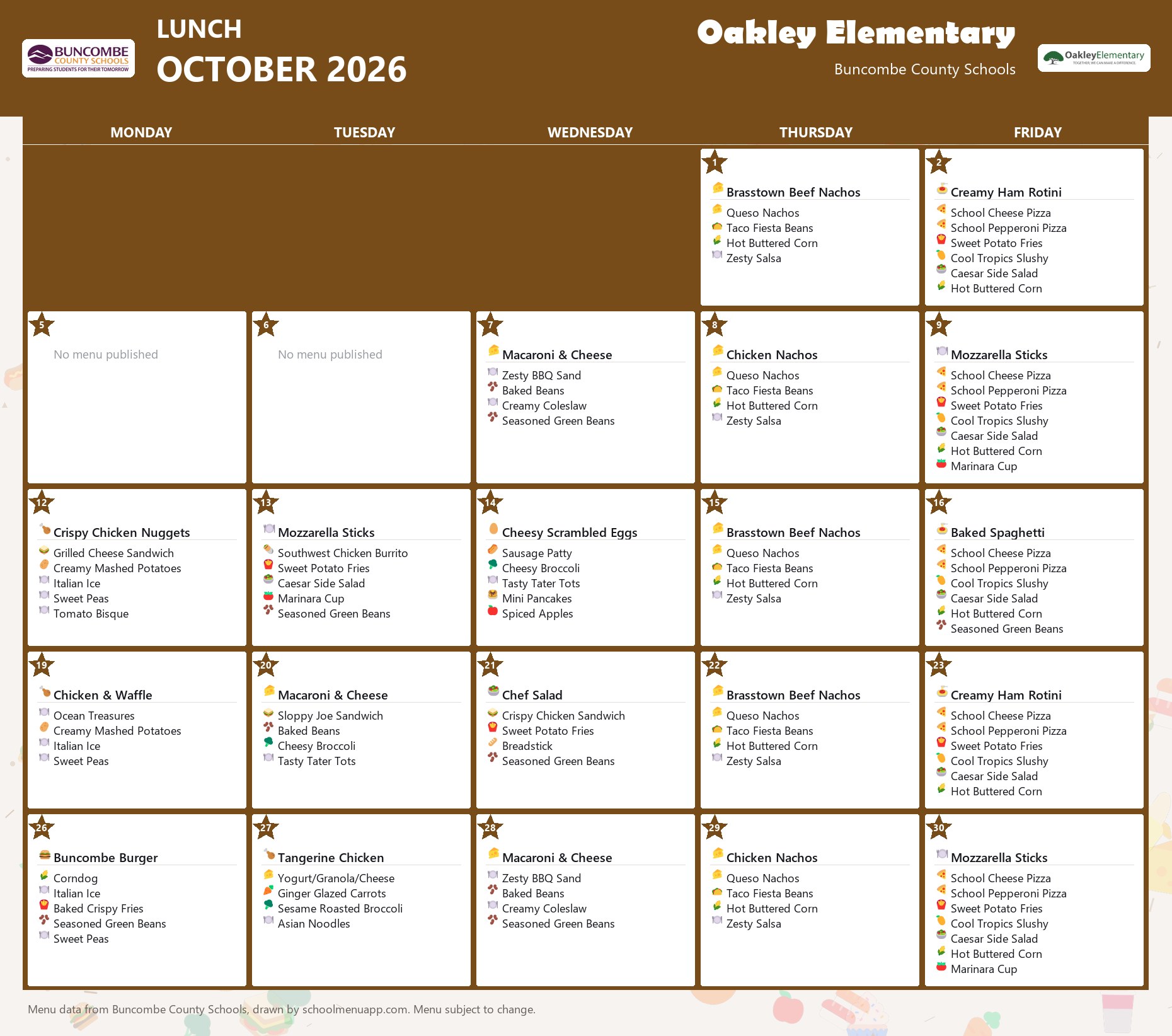 Oakley Elementary lunch menu for October 2026 &mdash; Buncombe County Schools