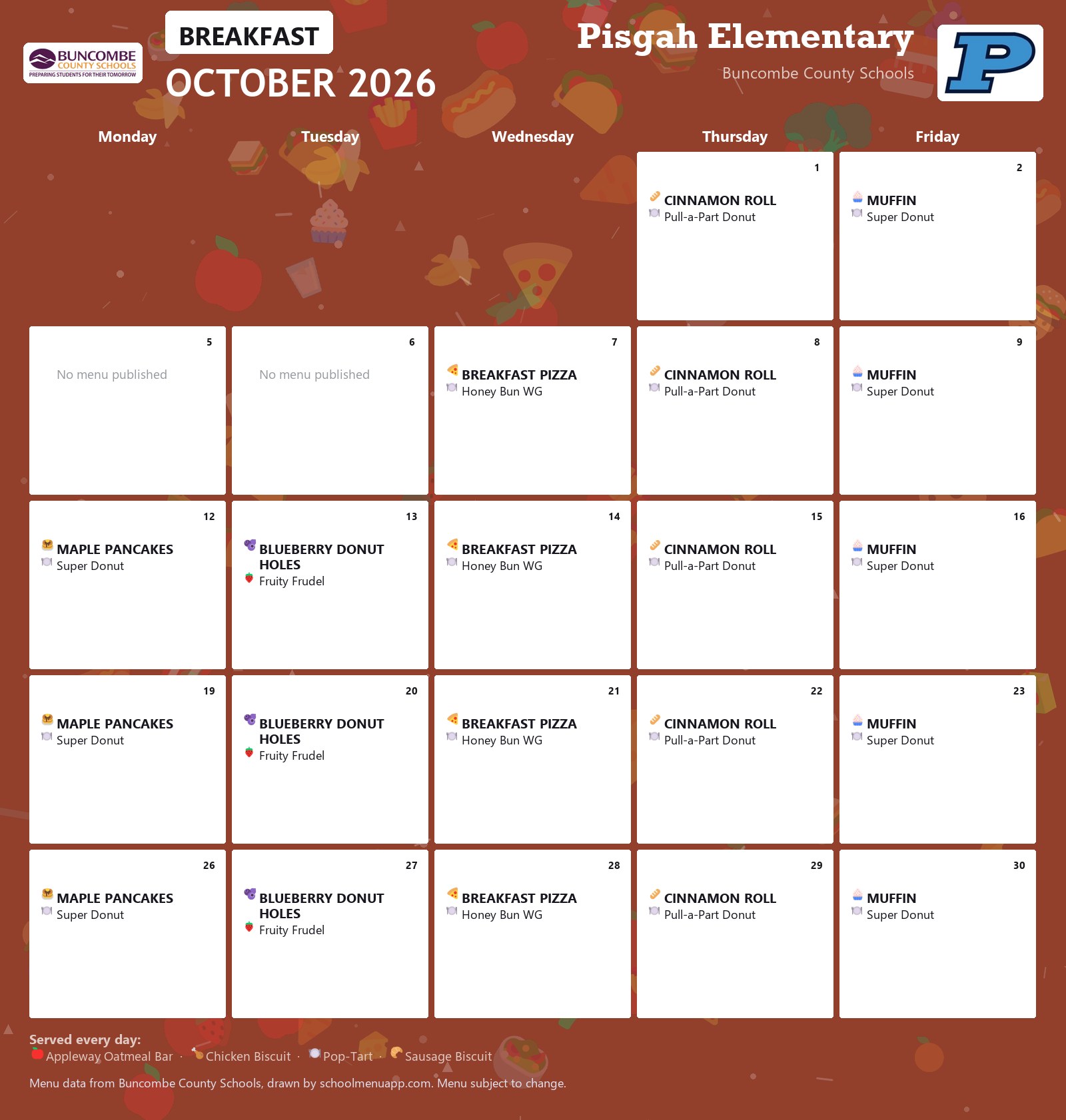 Pisgah Elementary breakfast menu for October 2026 &mdash; Buncombe County Schools