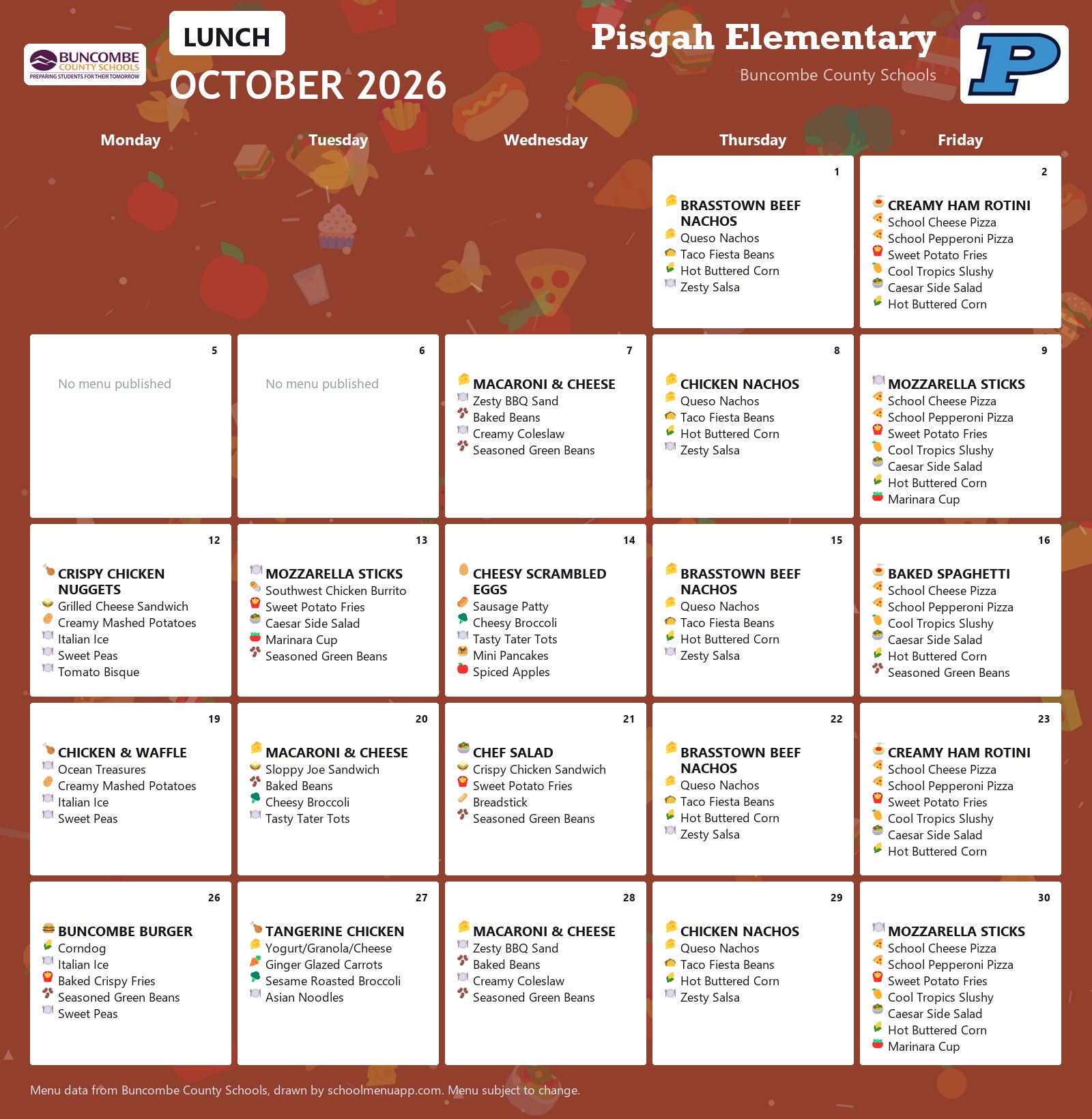 Pisgah Elementary lunch menu for October 2026 &mdash; Buncombe County Schools