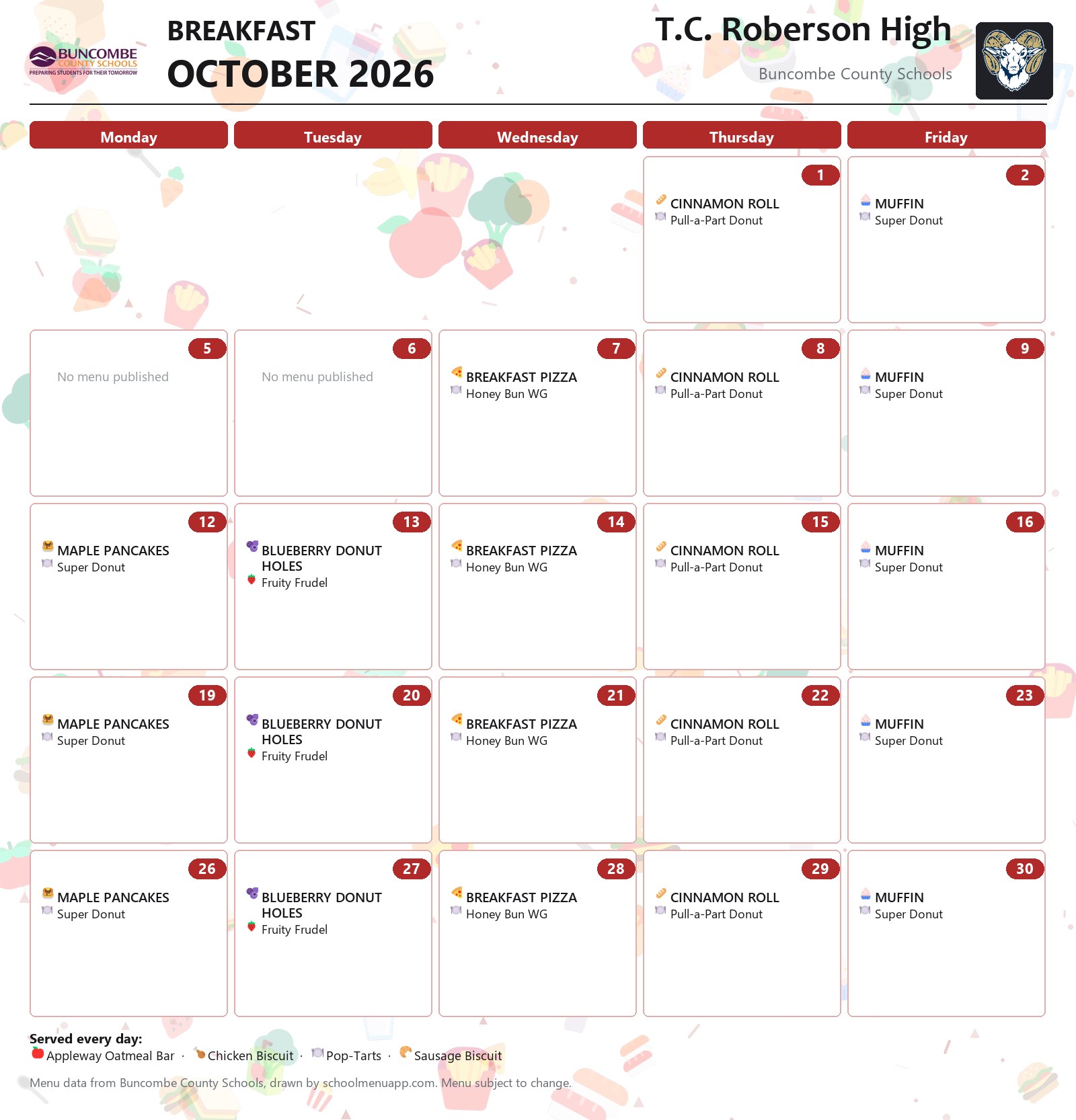 T.C. Roberson High breakfast menu for October 2026 &mdash; Buncombe County Schools