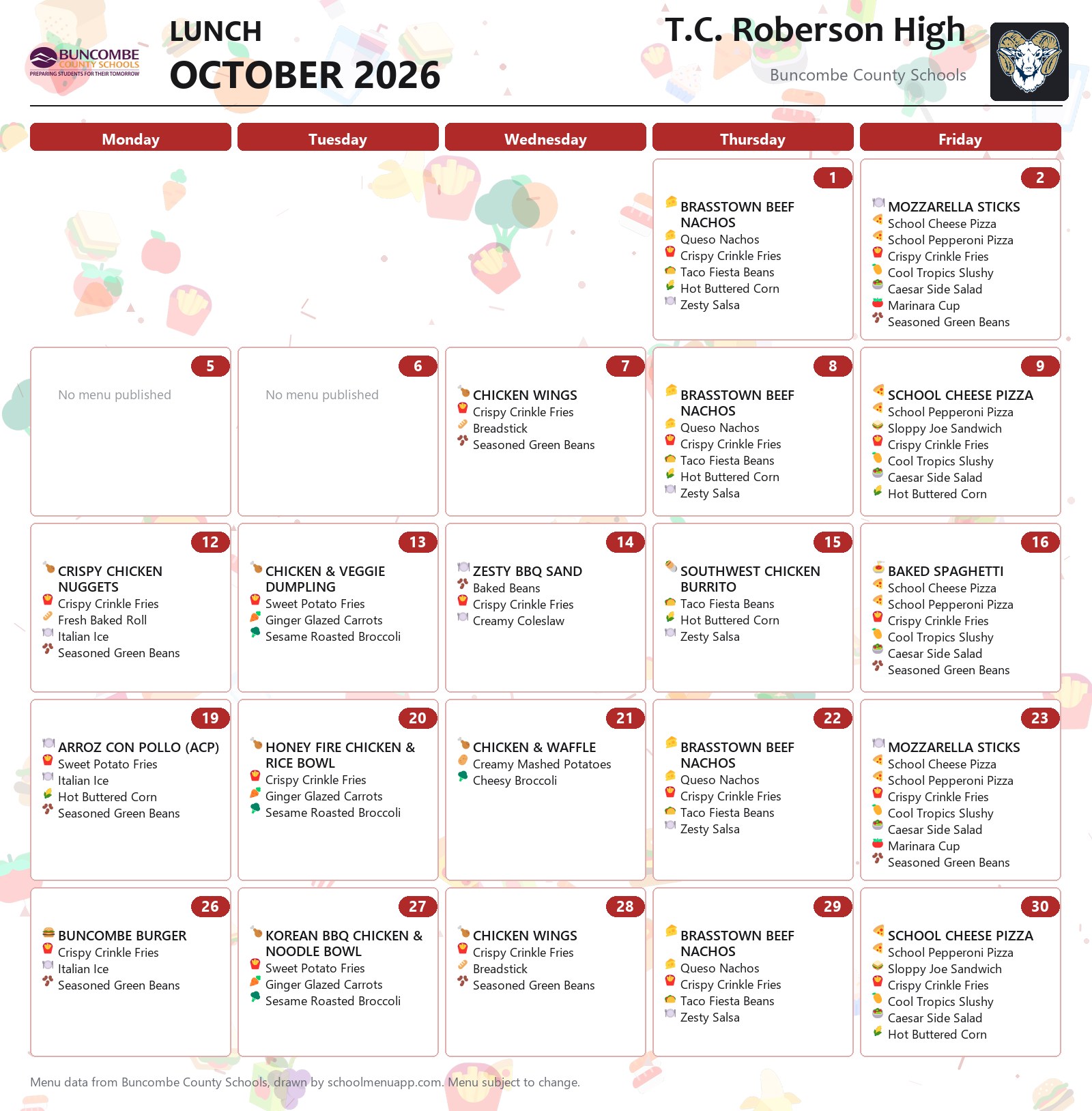 T.C. Roberson High lunch menu for October 2026 &mdash; Buncombe County Schools