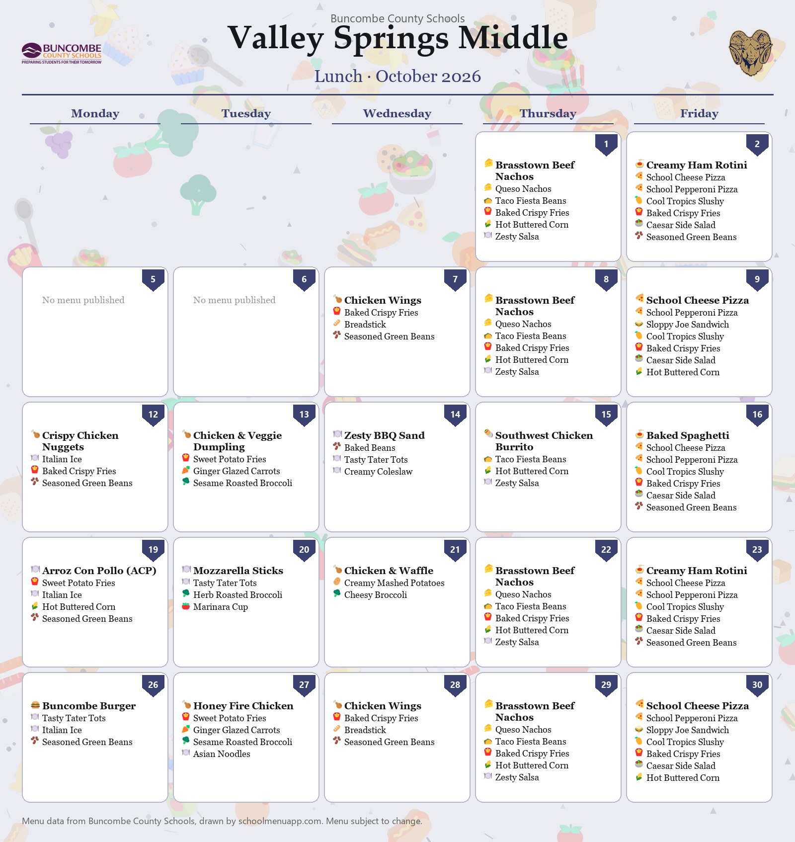 Valley Springs Middle lunch menu for October 2026 &mdash; Buncombe County Schools