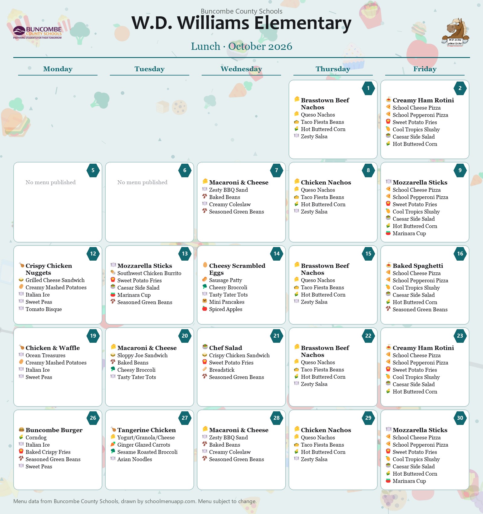W.D. Williams Elementary lunch menu for October 2026 &mdash; Buncombe County Schools