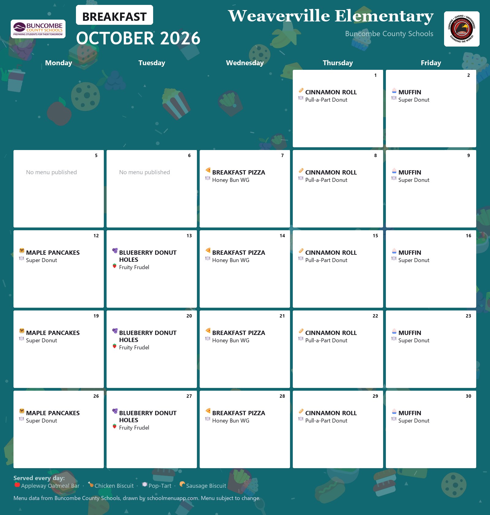 Weaverville Elementary breakfast menu for October 2026 &mdash; Buncombe County Schools