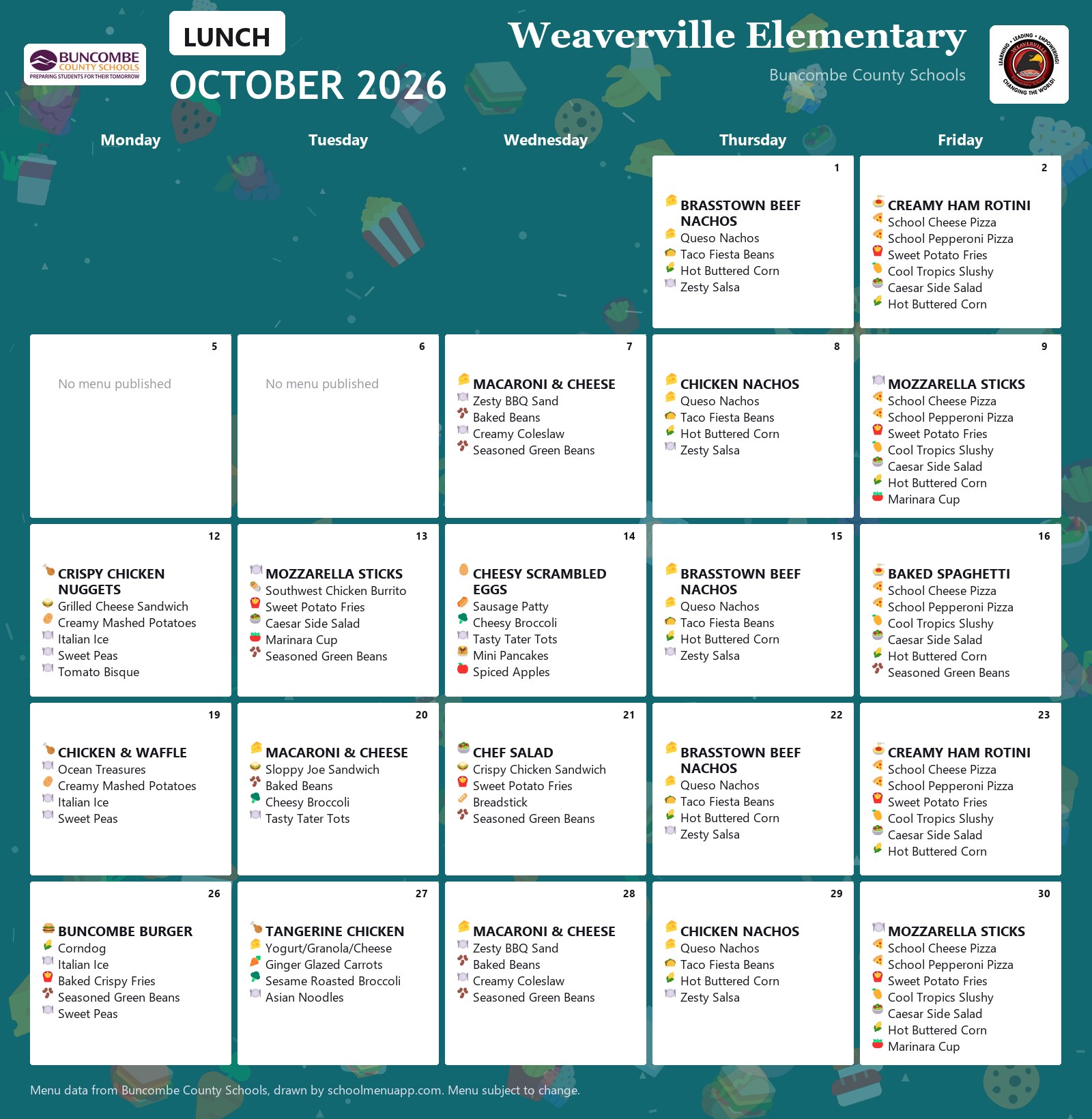 Weaverville Elementary lunch menu for October 2026 &mdash; Buncombe County Schools