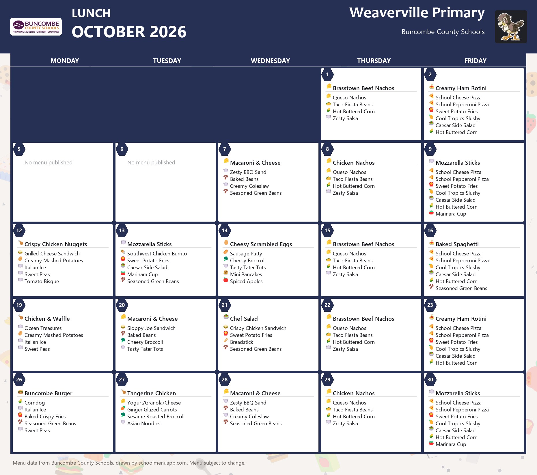 Weaverville Primary lunch menu for October 2026 &mdash; Buncombe County Schools