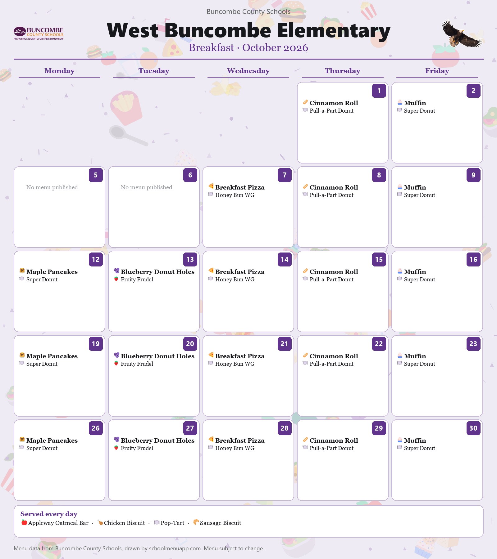 West Buncombe Elementary breakfast menu for October 2026 &mdash; Buncombe County Schools