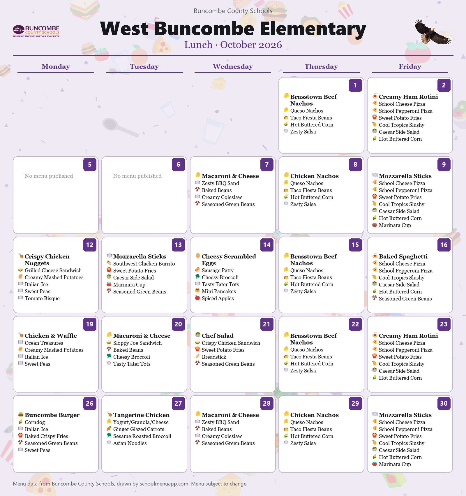 West Buncombe Elementary lunch menu for October 2026 &mdash; Buncombe County Schools