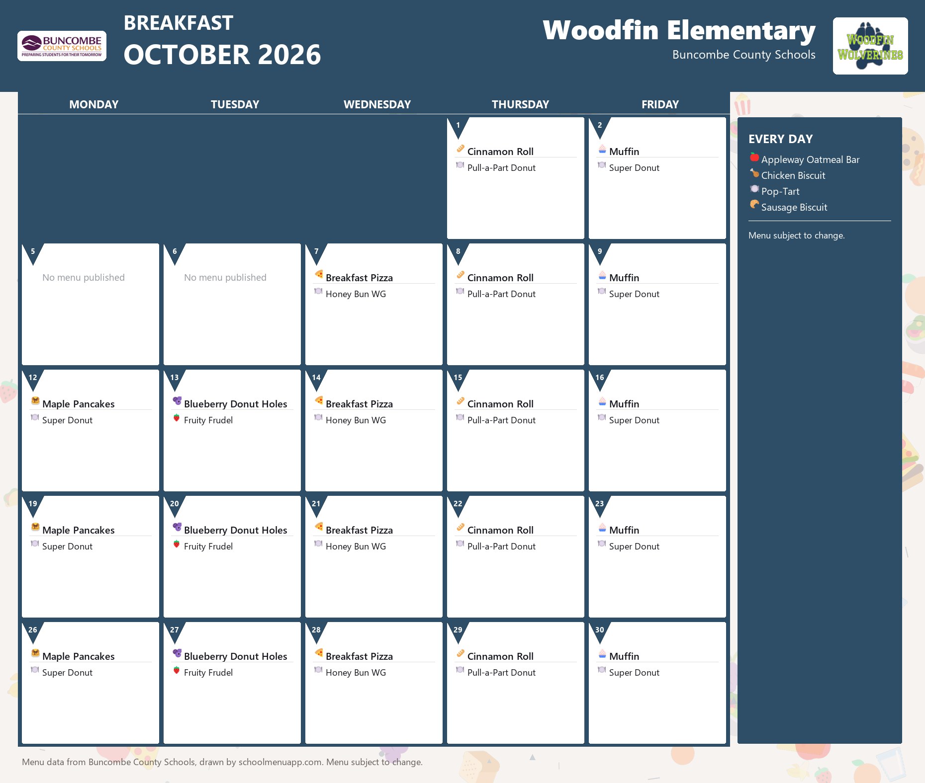Woodfin Elementary breakfast menu for October 2026 &mdash; Buncombe County Schools