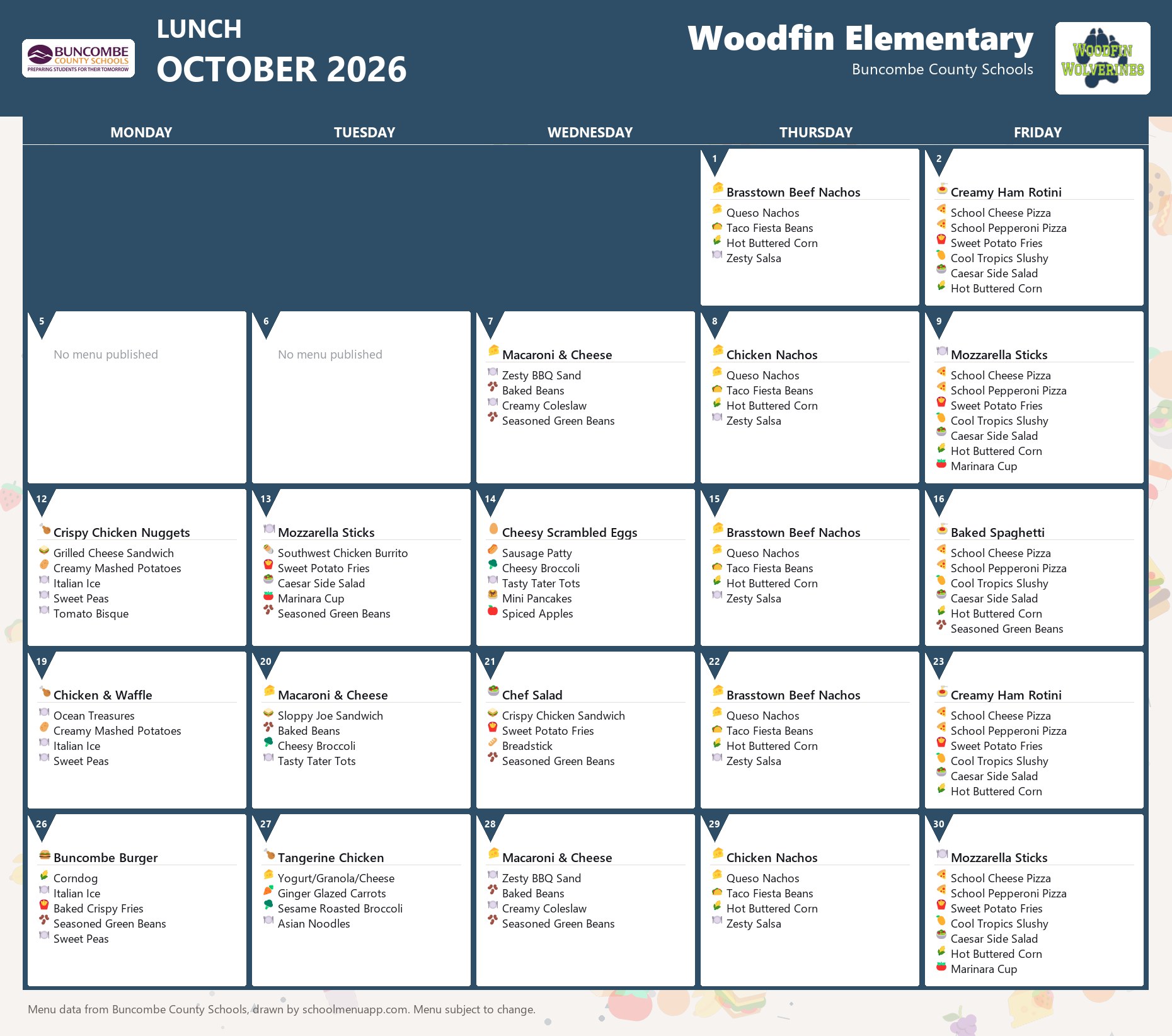 Woodfin Elementary lunch menu for October 2026 &mdash; Buncombe County Schools