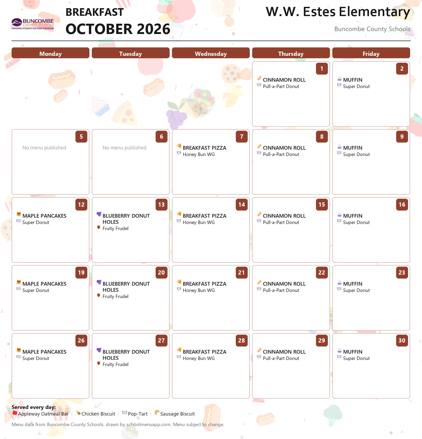 W.W. Estes Elementary breakfast menu for October 2026 &mdash; Buncombe County Schools