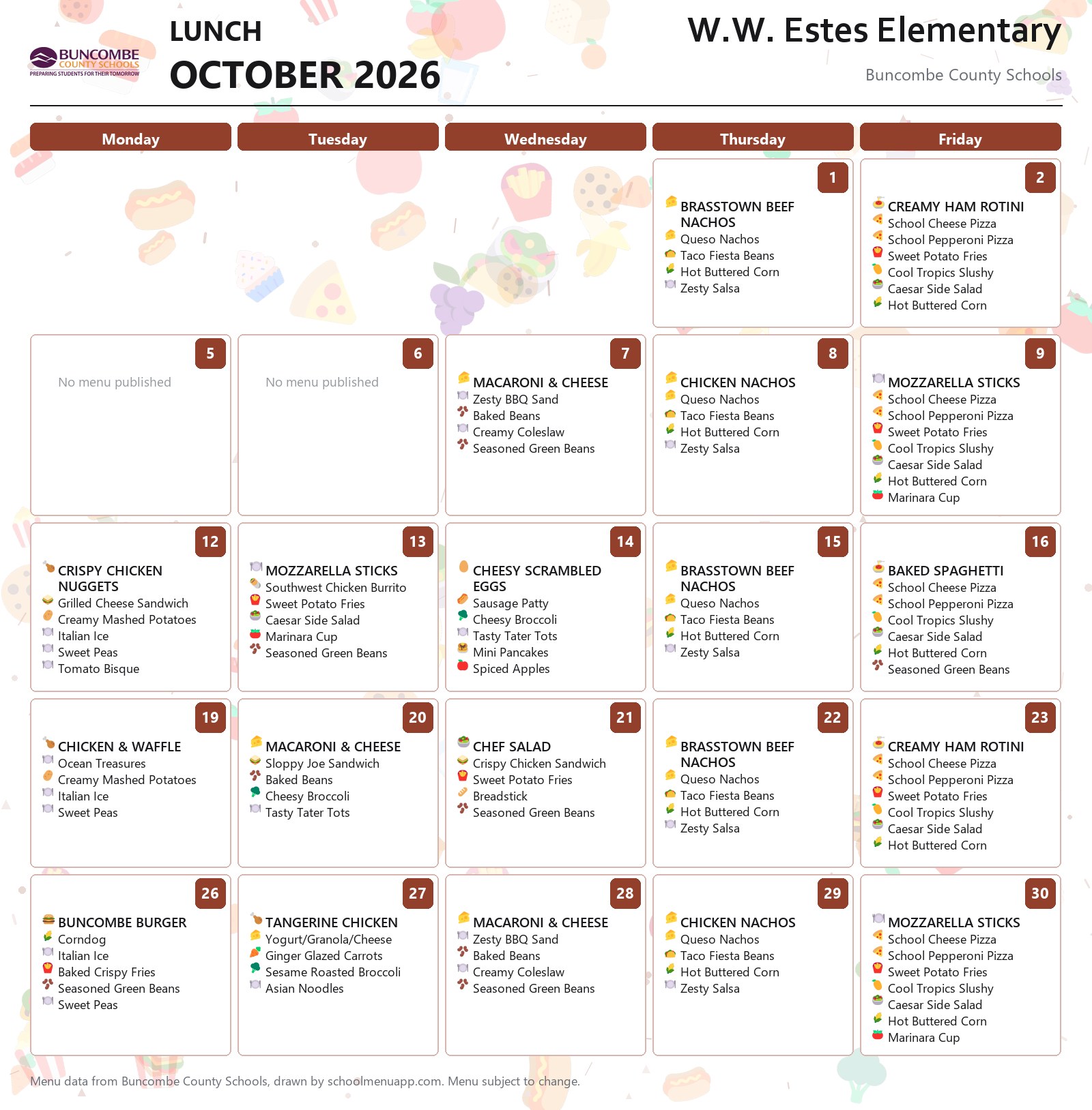 W.W. Estes Elementary lunch menu for October 2026 &mdash; Buncombe County Schools